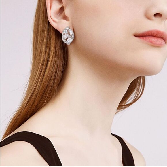 Silver with White Diamond Cubic Zirconia Post French Clip Oval Drop Earrings